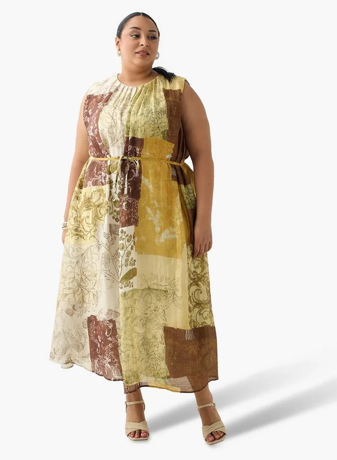 Ulla Popken Patch Print A-line Women Dress with Belt